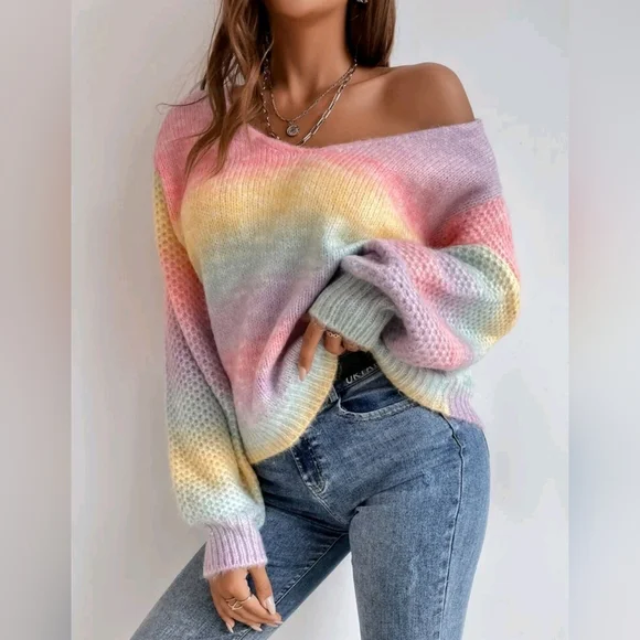 New Soft Pretty Pastel Ombre Nubby Knit Sweater Top Pink Yellow Blue - Picture 3 of 5